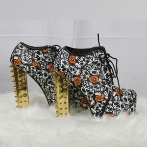 Red Kiss Platform Skull Gold Spiked Boots